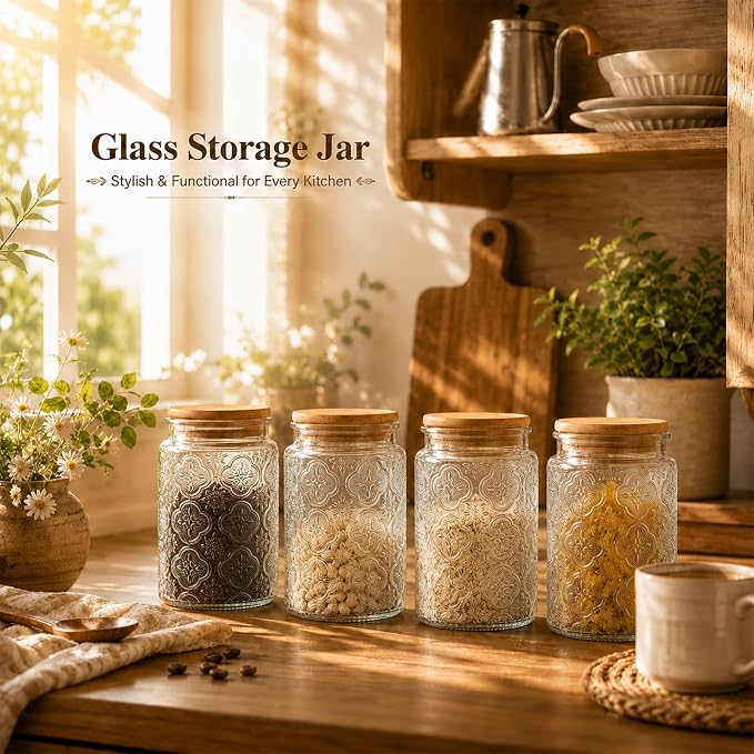 Glass Storage Jars With Airtight Lid, 23.7oz Canister For Kitchen Counter with Bamboo Lid, brown sugar, candy, coffee, cookie, salt, tea,pantry cute Jar (Begonia Flowers*1)