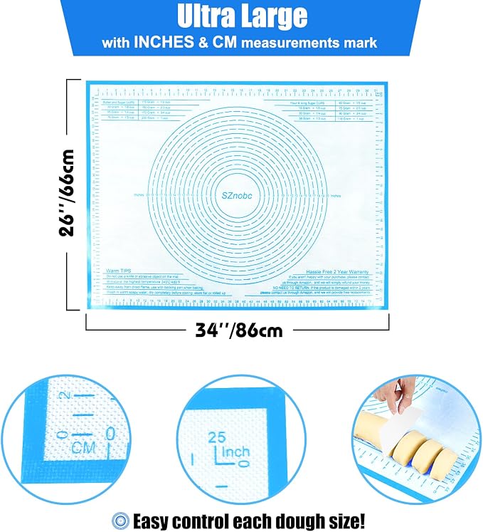 Silicone Pastry Mat 36x24 Inch Extra Large Baking Mat with Measurements, Nonstick Kitchen Counter Mats for Dough, Pastry, Dough Rolling, Kneading Board, Pie Crust, Fondant, Bread, Pasta, Pizza