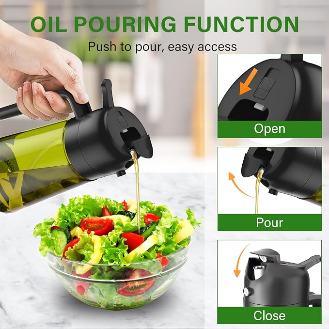 Vakoo Oil Sprayer for Cooking, 2 in 1 Oil Dispenser for Kitchen, 16oz/470ml Light-Blocking Dark Glass Olive Oil Spray Bottle, Air Fryer, Salad & BBQ (Black&Black)