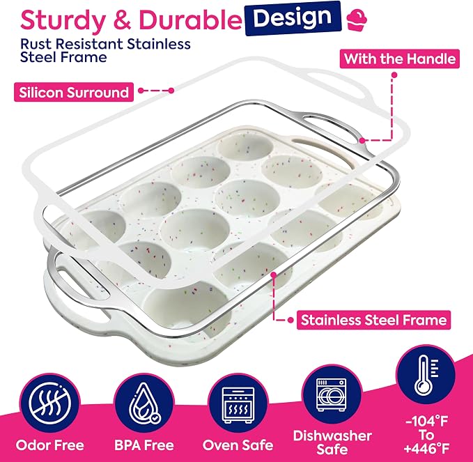 2 Pack Silicone Muffin Pans for Baking with Metal Reinforced Frame - Regular 12 Cup Silicone Muffin Pan & 24 Cup Mini Cupcake Pans - Silicone Cupcake Pan Set - Oven & Dishwasher Safe, BPA-Free