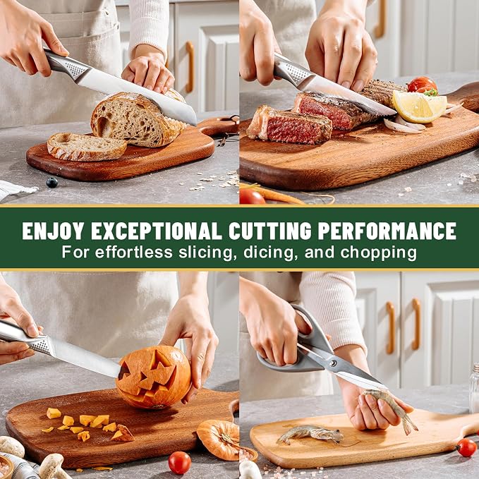 Knife Set, EWFEN 14-Piece Kitchen Knife Set with Block, German Stainless Steel Knives with Built-in Knife Sharpener, Anti-Slip Sharp Knives Set for Kitchen, Dishwasher Safe, Concave-dotted Handle