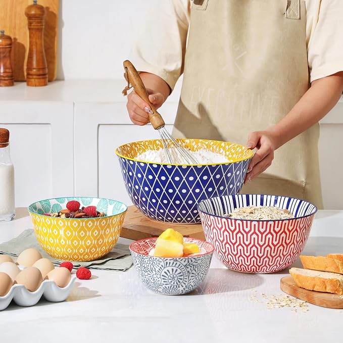 Selamica Ceramic Mixing Bowls, Nesting Bowls Set of 4 for Baking, Prepping, Cooking, Salad, 20/36/60/123 oz, Microwave & Dishwasher Safe, Assorted Colors