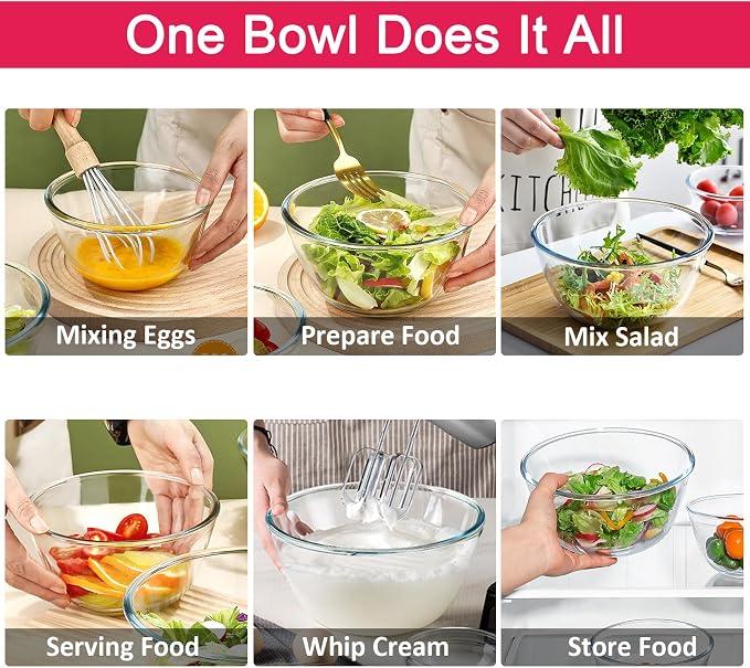 4 Pack Glass Mixing Bowls Set with Lids (4.8QT, 2.9QT, 1.7QT, 0.8QT) | Glass Nesting Bowls for Kitchen Baking, Cooking and Serving, Oven, Dishwasher, Freezer, and Microwave Safe