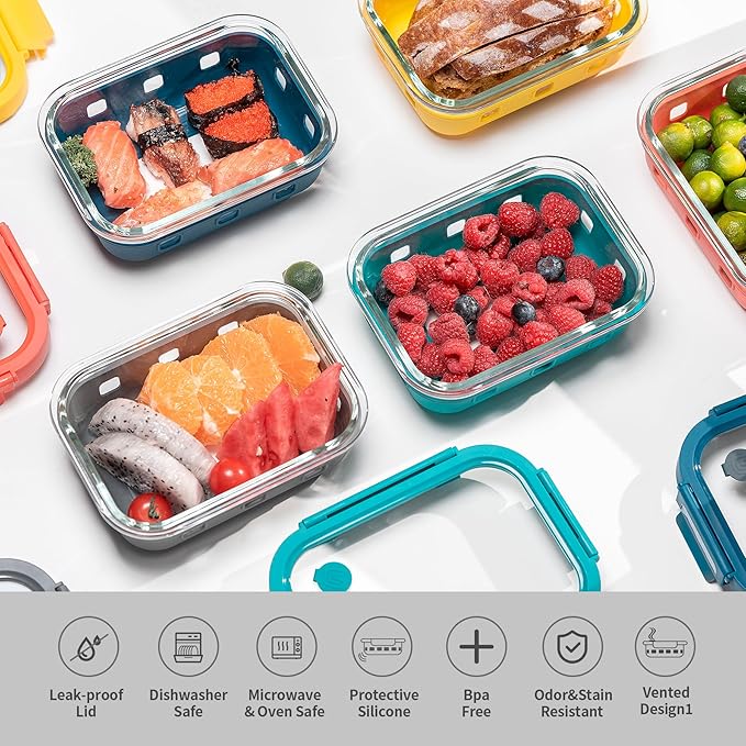 5 Pc Glass Meal Prep Containers with Glass Lids | 22 oz Airtight leakproof Food Storage Containers with Silicone Sleeves, BPA-Free, microwave, freezer & dishwasher safe