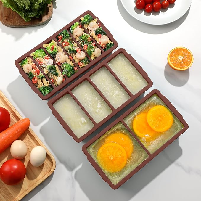 3-Pack Silicone Freezer Trays with Lid,2 Large 2-Cup(500ml)&4 Medium 1-Cup(250ml)&6 Small 1/2-Cup(125ml) Soup Freezer Container Molds,Ice Cube Tray For Meal Prep&Freezing Soup,Stews,Sauces (Iron Red)