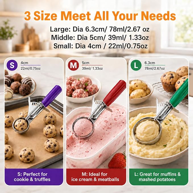 Cookie Scoop Set of 3, Ice Cream Scoop with Trigger Release & Anti-Freeze Grip, 18/8 Stainless Steel Cookie Scoops for Baking, Portion Scooper for Cookie Dough, Cupcake, Mashed Potatoes (S/M/L)