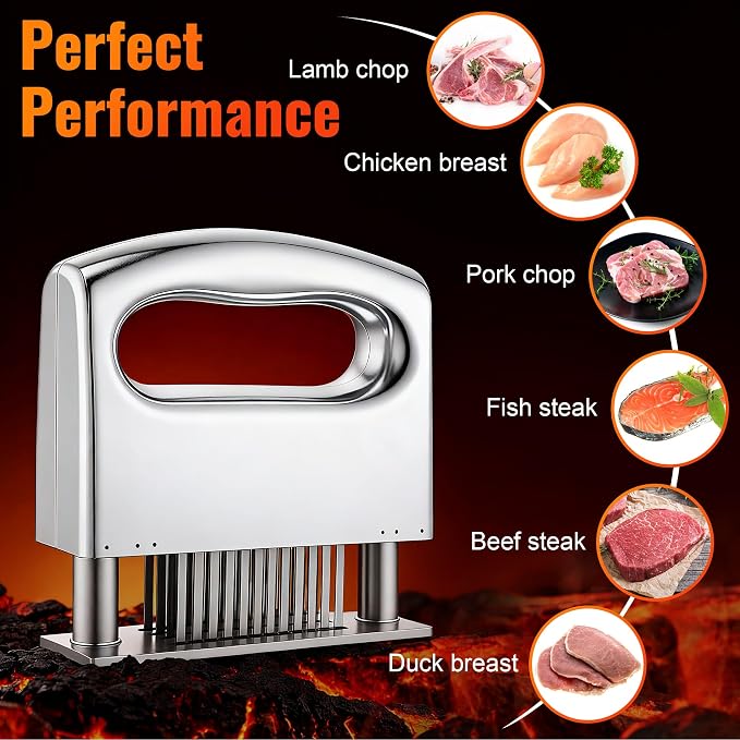Enhon Meat Tenderizer Tool, 48 Ultra Sharp Blades Stainless Steel Needle Meat Tenderizer with Ergonomic Handle, Heavy Duty Cooking Gadget for Tenderizing Beef, Turkey, Chicken, Steak, Veal, Pork, Fish