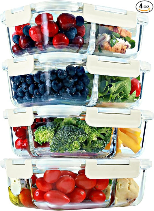 Glass Meal Prep Containers 2 & 3 Compartments Leak-Proof Lids 32 oz 4 Pack | Bento Box Lunch Containers, Food Storage, Portion Control, Airtight Lids, Microwave Oven Freezer Dishwasher Safe, Beige