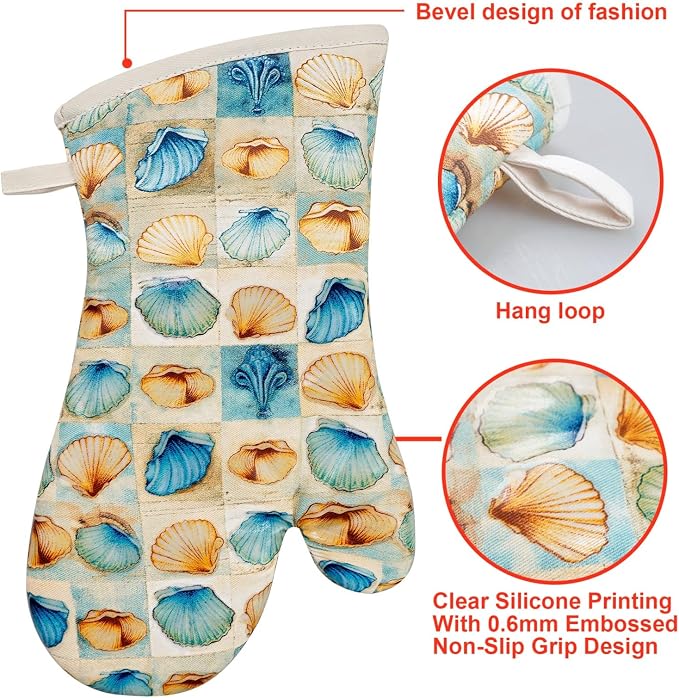 Oven Mitts Gloves 1 Pair Heat Resistant 480 ℉ Non Slip Clear Silicone Printed Shell Comfortable Cotton Lining Kitchen Men Cooking Barbecue Machine Washable (Shell, Beige Mitts)