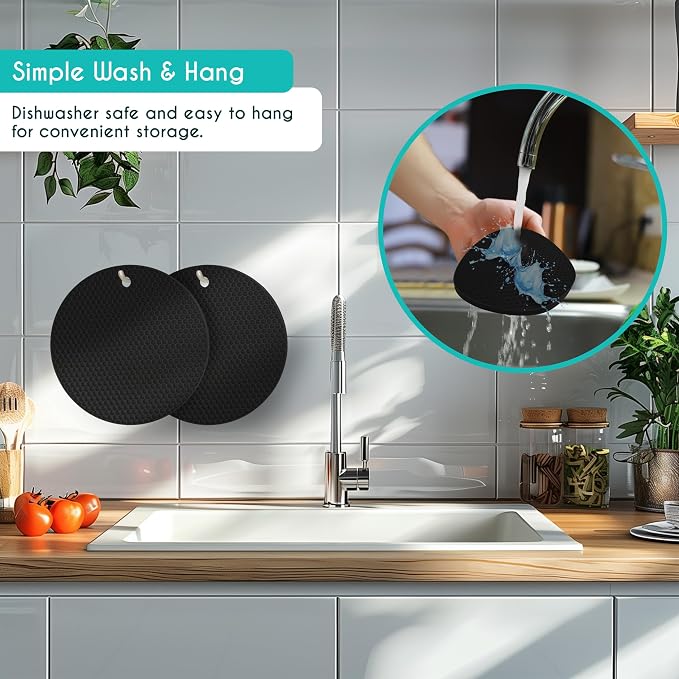 4 Pcs Thick Trivets for Hot Dishes, Non Slip Hot Pot Holders, Kitchen Heat Resistant Silicone Pad, Extra Thick, Large. (Black)
