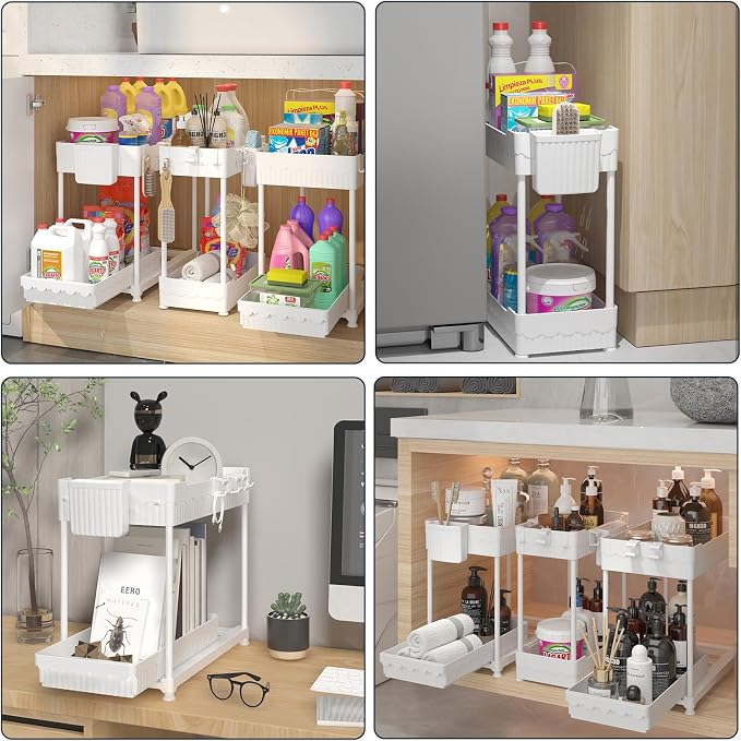 3-Pack 2-Tier Under Sink Organizers with Sliding Drawers | Multi-use kitchen & bathroom storage, 12.8 inch white cabinet organizer, space-saving sliding drawer design.