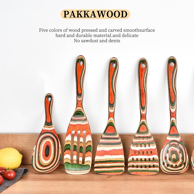 Gudamaye Pakkawood 7-Piece Red Wooden Cooking Utensils, Wooden Spoons for Cooking,Wooden Spoon Set, Wooden Kitchen Utensil set, Pakkawood kitchen Utensils for Serving, Bridal Shower Gifts