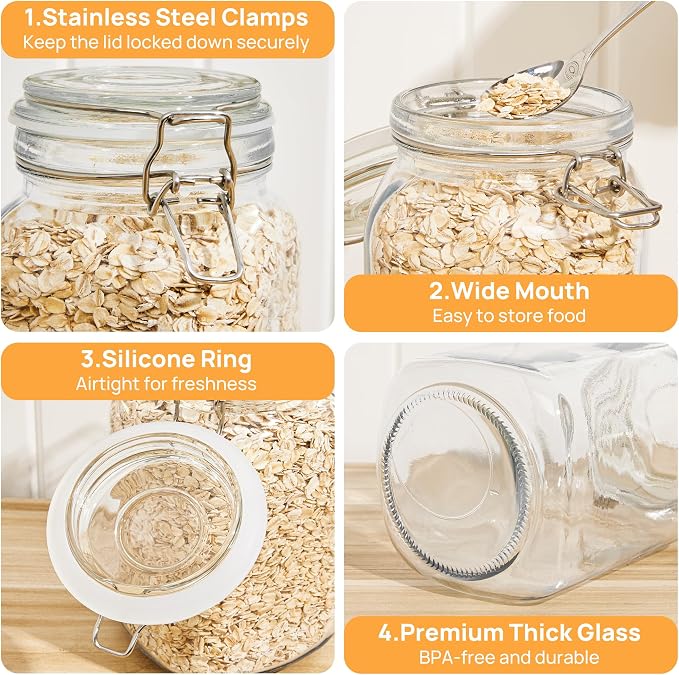50oz Glass Food Storage Jars with Airtight Clamp Lids, 3 Pack | Food Storage Canister for Kitchen, Pantry Organization, Square Mason Jars for Storing Sugar, Flour, Cereal,Coffee,Cookies