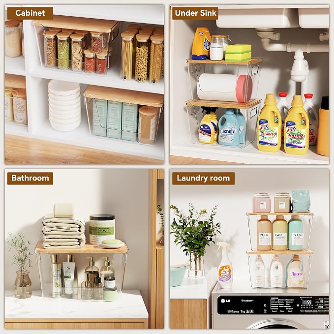 3 Set Pantry Organizers and Storage with Bamboo Lids, Stackable Clear Bins for Onion, Potato, Fruit, Vegetables, Trash Bag Dispenser, Kitchen and Under Sink Organizer