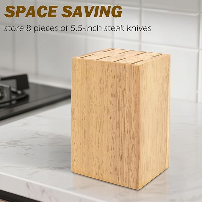 8 Slots Steak Knife Block Holder, 5.5" Wooden Small Knife Block without Knives,Compact and Space Saving Storage Knife Holder for Counter Top (Natural-1)