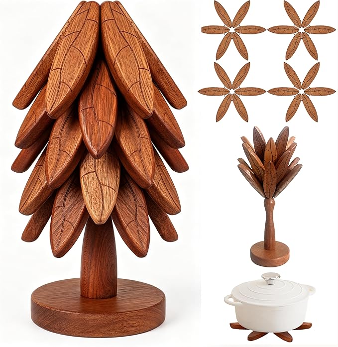 Tree Coasters, 5-Layer Wooden Trivets for Hot Dishes/Pot/Bowl/Teapot/Pans, Enhanced Heat Insulation Tree Shape Trivet Set, Gifts for Him/Her (Leaf Pattern - 5Pcs)