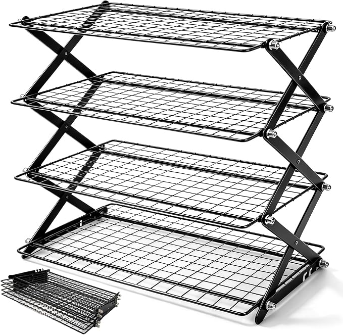 4 Tier Collapsible Cooling Rack - 3 Setting Adjustable & Stackable Stainless Steel Baking Rack, Stackable Cooling Racks for Baking, Cookies, Cakes, Roasting, Grilling, Drying, Space-Saving (Black)