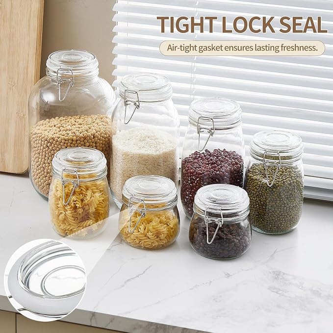 ODBCYWM 10oz Glass Food Storage Jars with Airtight Lids, Set of 8 – Clear Preserving Seal Wire Clip Fastening Canisters for Kitchen Canning, Flour, Cereal, Pasta, Sugar, Beans, Pickling Jars (10oz×8)