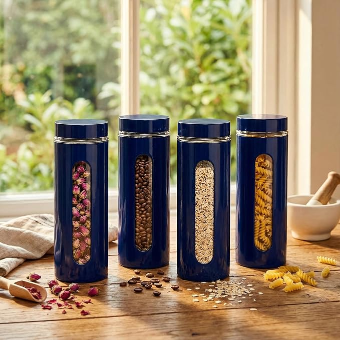 6 Pack Kitchen Canisters Set Airtight Coffee Sugar Tea Storage Jars with Window Glass Stainless Steel Containers with Lids for Flour Cookies Spices Grains Kitchen Decorations(Navy Blue,60 oz)