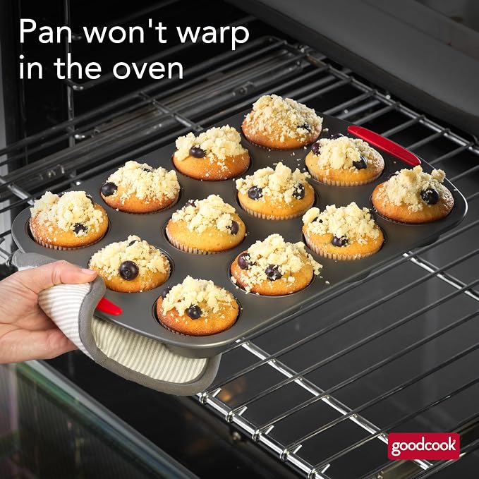 GoodCook MegaGrip 12-Cup Muffin Pan with Silicone Grip Handles Perfect for Cupcakes Durable Heavy-Gauge Steel Construction Scratch-Resistant Nonstick Coating, 15.5x10.5-Inch, Gray (Pack of 12)