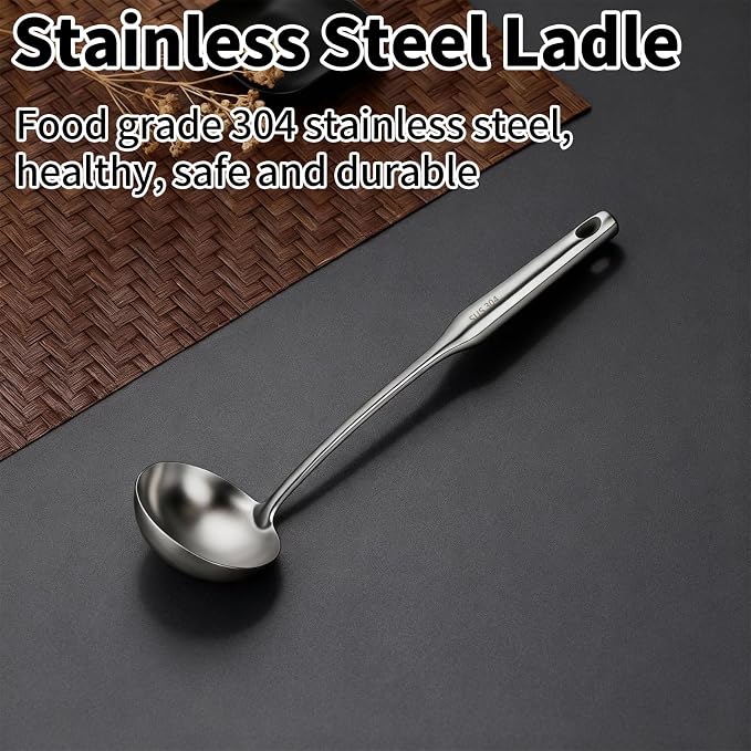TBWHL Metal Soup Ladle 13.4" 304 Stainless Steel with Long Handle - Professional Kitchen Ladle with Ergonomic Handle & Perfect Balance for Gravy, Sauce & Broth