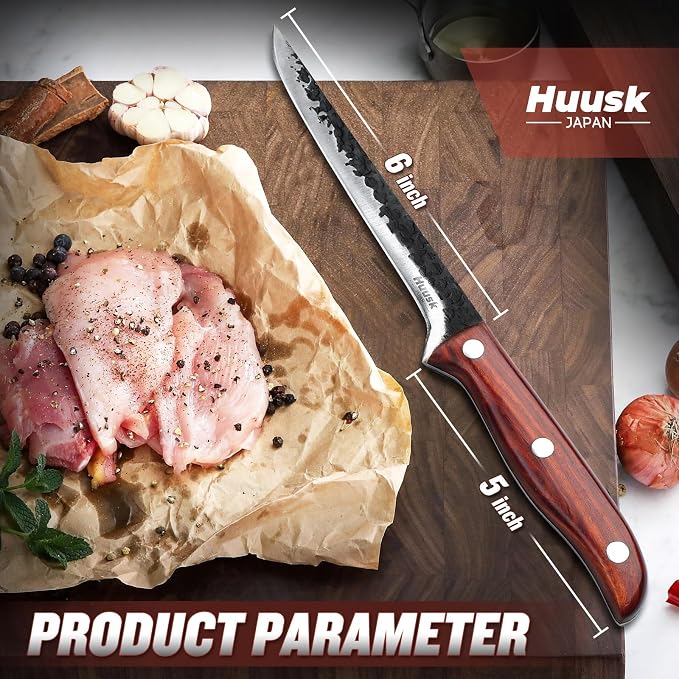 Huusk Boning Knife 6 Inch,Fillet Knife for Meat,Brisket Trimming Knife,Deboning Knife with Sheath,Japan Hand Forged Boning Knives For Kitchen Outdoor Camping Gift for Dad