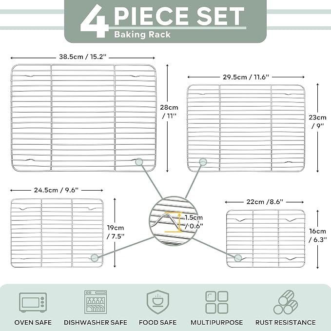 Herogo Cooling Rack Set of 4, Stainless Steel Cooking Baking Rack, Fit Various Size Cookies Sheets, for Cooling Grilling Roasting, Rust Free & Dishwasher Safe