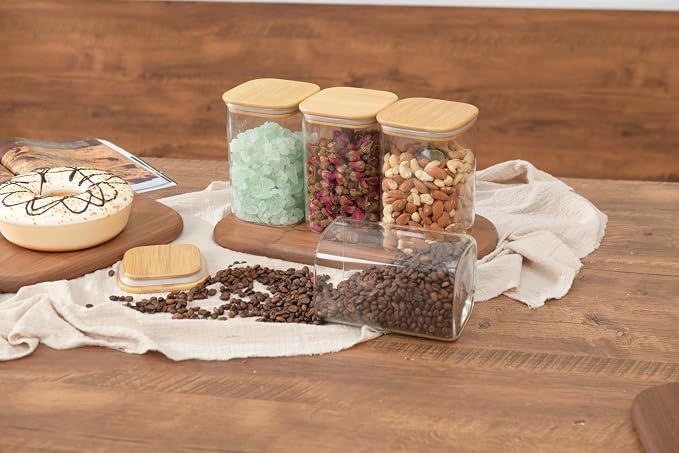 D2scrma 37oz Airtight Glass Square Storage Canister with Bamboo Lid Set of 4 (1100ml) Container Stackable Jar, Kitchen Canister for Pantry Noodles, Flour and Coffee beans (‎with Black Lable)