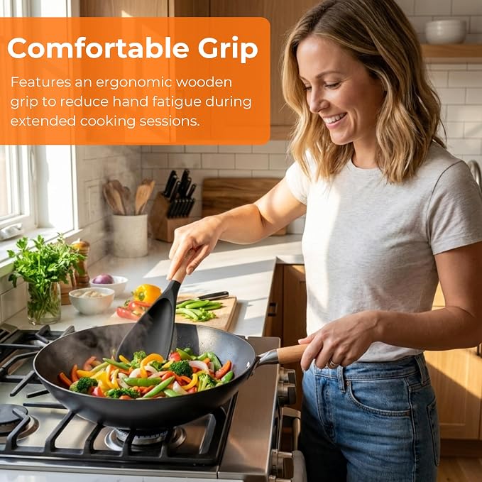 2-Pack Silicone Cooking Spoons with Wood Handle & S-Hooks - Heat Resistant 446°F Spoonula for Nonstick Cookware - BPA Free Multifunction Spatula Spoon for Mixing, Scooping&Serving (Black&Gray)