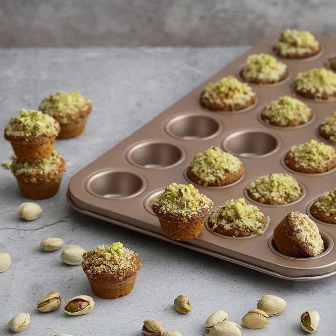 24 Cup Mini Muffin Pan Nonstick, PFOA & BPA Free | | Non-Toxic - High Carbon Steel - Gold - Small Cupcake Tin for Oven Baking