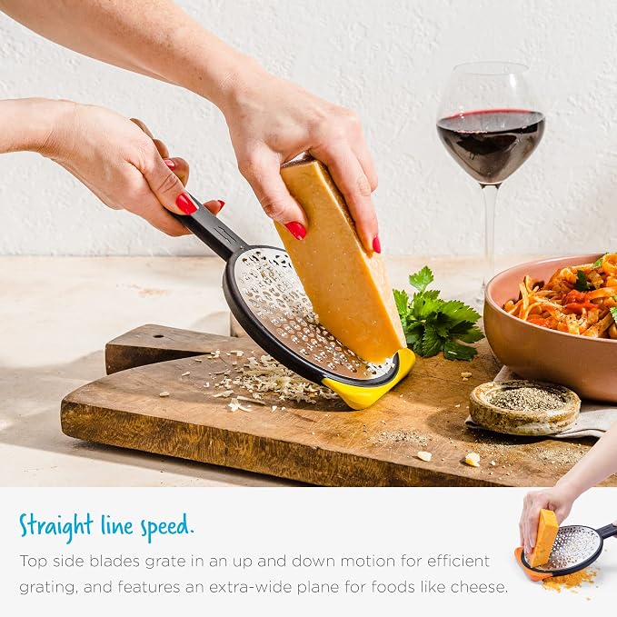 Dreamfarm Ograte Double Sided Cheese Grater - 3mm Medium Grating, Yellow | Multi-directional handheld food and vegetable shredder with bowl hook and non-slip foot, flat for space-saving storage