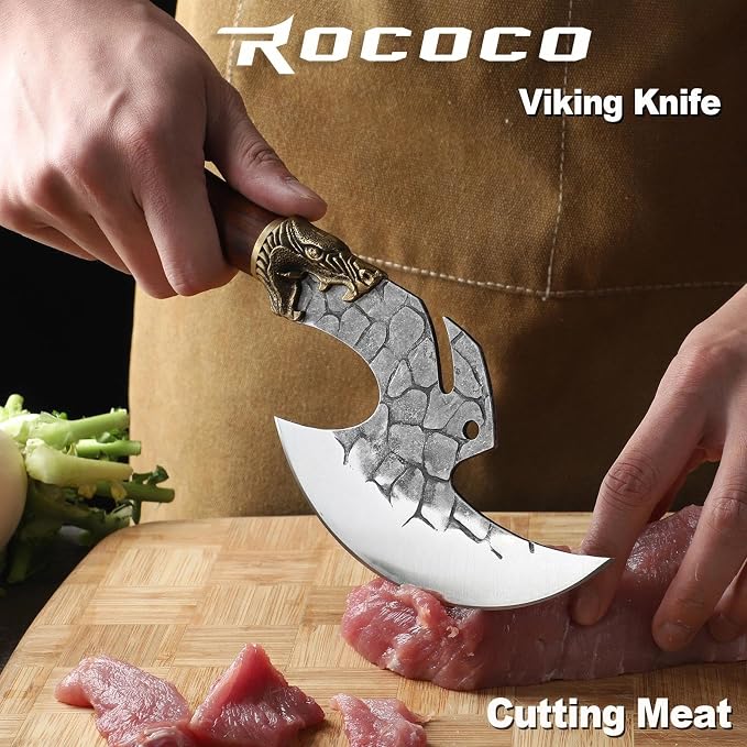 ROCOCO Viking Cleaver Knife Birthday - Kitchen Axe & Sheath Father Gift Men | Hand Forged High Carbon Steel Butcher Meat Cutting Boning Knife for Home Outdoor BBQ Camping Chirstmas Mother