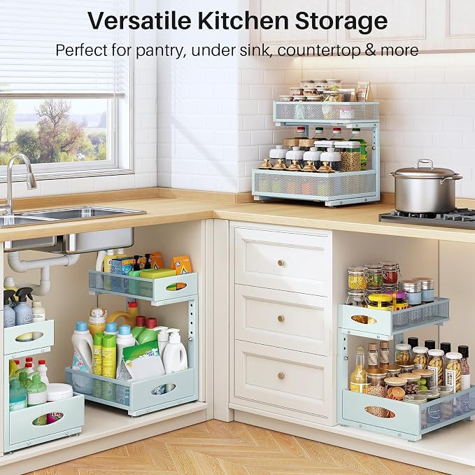 Under Sink Organizer, 2 Pack 2 Tier Pull Out Under Cabinet Organizer Shelf with Pad for Framed Cabinets, Metal Slide Out Under Sink Storage, Mesh Sliding Drawers for Kitchen Bathroom Laundry, Blue