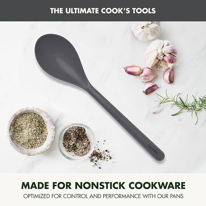 GreenPan Silicone Solid Spoon, Mixing Stirring Serving, Cooking Kitchen Utensil, Flexible Rubber Nonstick Cookware, Rigid Steel Core, Heat-Resistant, Anti-Slip Handle, BPA-Free, Dishwasher Safe, Gray