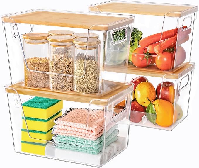 4 Set Pantry Organizers and Storage with Bamboo Lids, Stackable Clear Bins for Onion, Potato, Fruit, Vegetables, Trash Bag Dispenser, Kitchen and Under Sink Organizer