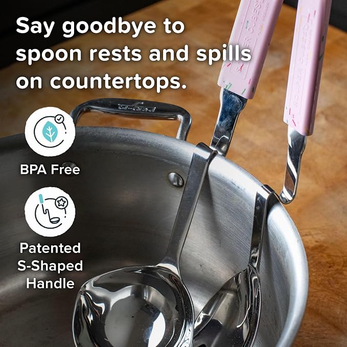 Souper Cubes + Lori Greiner No Mess Stainless Steel Soup Ladle with Silicone Handle - Metal Soup Ladle with No Mess Design That Hooks on Side of Any Pot - Cotton Candy