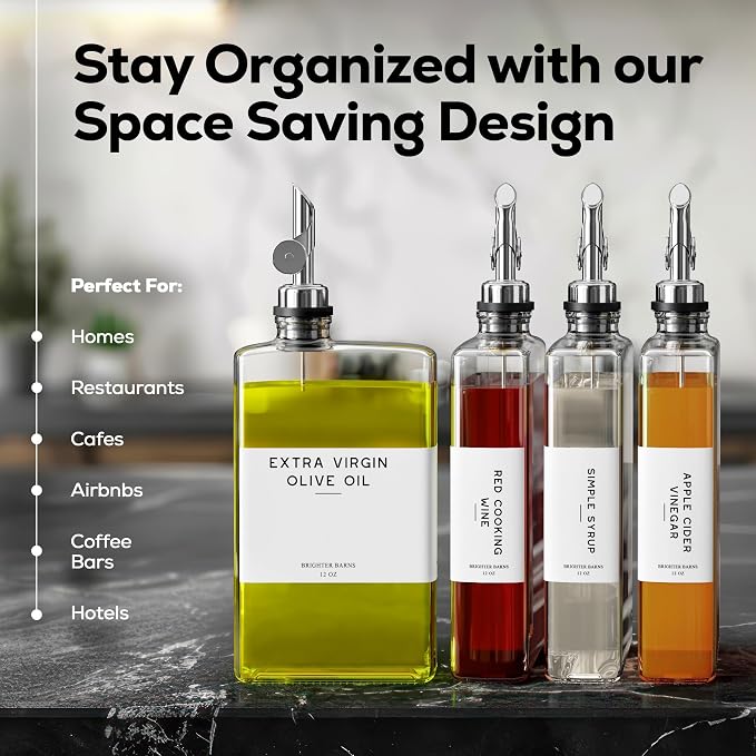 Glass Olive Oil Dispenser Bottle for Kitchen by Brighter Barns - Oil and Vinegar Dispenser Set, Coffee Syrup Bottles - Modern Decor for Restaurants, Coffee Station Accessories (Clear/Silver, Set of 2)