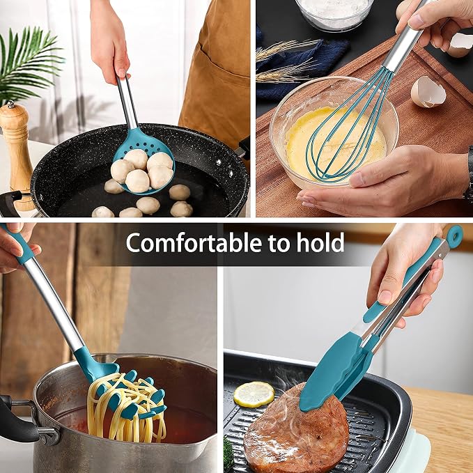 LIANYU 15-Piece Kitchen Cooking Utensils Set with Holder, Silicone Kitchen Tools Stainless Steel Handle, Slotted Spatula Spoon Turner Tong Whisk Brush for Cooking, Dark Blue