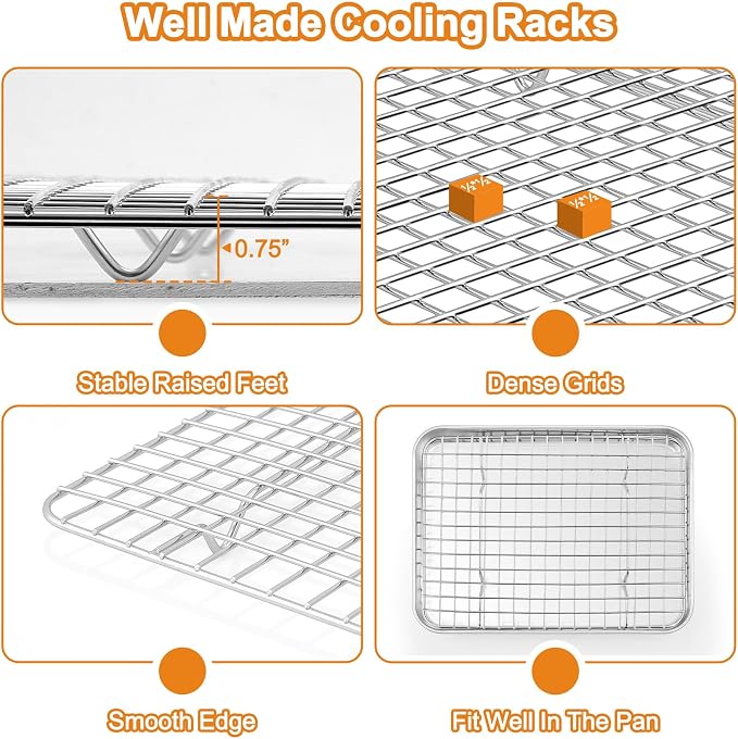 TeamFar Baking Sheet with Rack, Stainless Steel Sheet Pan-16/12.5/10.5 Inch | Cookie Sheets Baking Trays and Cooling Racks for Cooking, Non-Toxic & Heavy Duty, Dishwasher Safe, 6 PCS (3 Pans + 3 Racks)