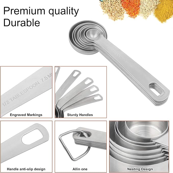 18/8 Stainless Steel Measuring Cups and Spoons Set, Metric & US Metal Measure Cup and Spoon for Baking & Kitchen, Heavy Duty 7 Measuring Cups & 8 Spoons With Leveler