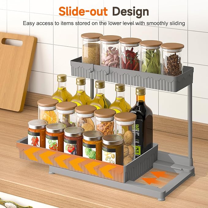 3-Pack 2-Tier L-Shaped Under Sink Organizers with Sliding Drawers | Multi-use kitchen & bathroom storage, 14.85 inch grey cabinet organizer, space-saving sliding drawer design.