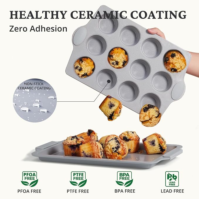 BRONYPRO 12-Cup Non Toxic Nonstick Ceramic Muffin Pan & Cupcake Tin, PFOA & PFOA Free, Heavy Duty Rust-Resistant Aluminized Steel, Oven Safe, Light Gray