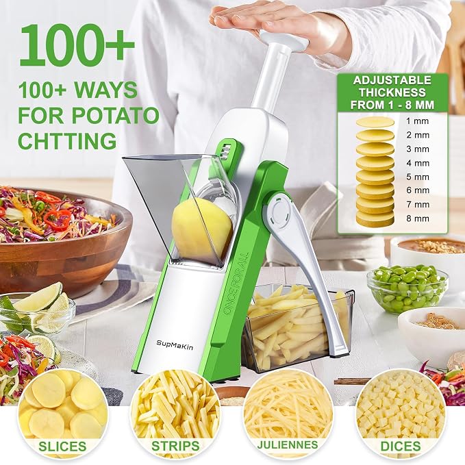 SupMaKin Upgrade Safe Mandoline Slicer, Vegetable Chopper, Potato Slicer 4 Modes Adjustable Thickness Food Cutter, Kitchen Chopping Artifact (6 in 1 Green)