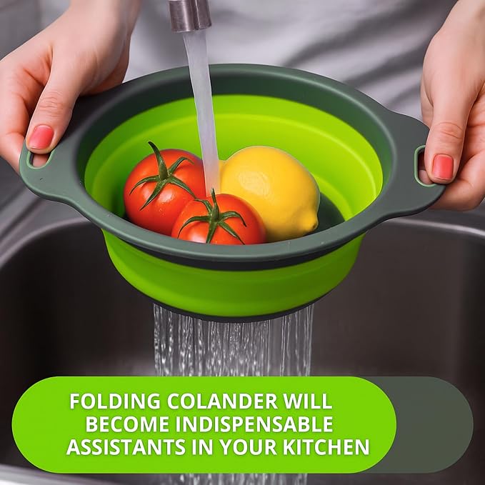 Green Round Silicone Collapsible Colander – Silicone Round Small Kitchen Strainers with Plastic Handles Foldable Kitchen Strainer Perfect for Draining Pasta Vegetable and Fruit