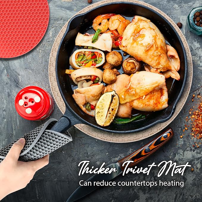 4 Pack Silicone Trivet for Hot Dishes | Heat Resistant Silicone Pot Holders for Kitchen Countertops, Hot Dishes, Jar Opener, Spoon Holder, Easy to Wash, Khaki