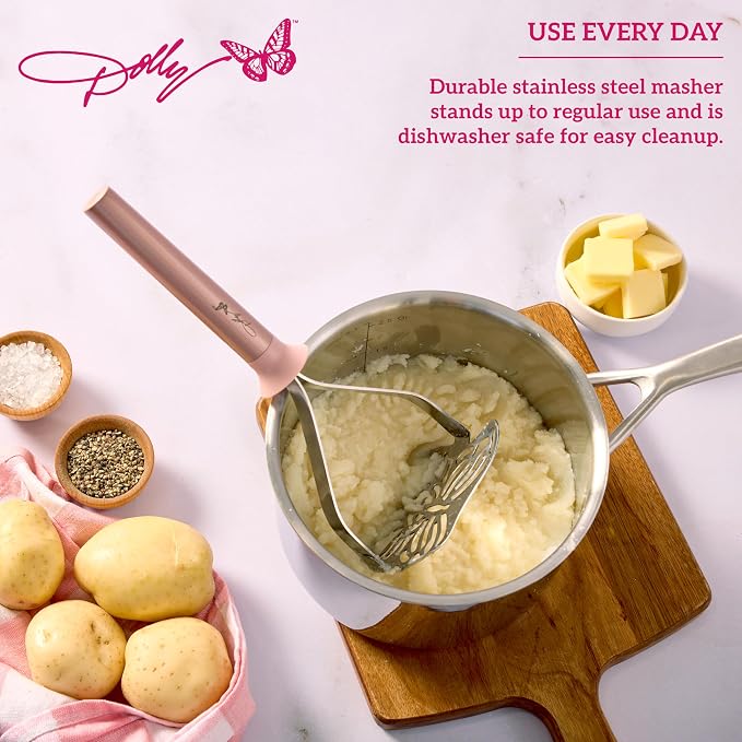 Dolly Parton Butterfly Potato Masher – Stainless Steel Masher with Curved Butterfly Head, Rust-Resistant, Dishwasher Safe, Kitchen Tool for Potatoes, Avocados and More, 11 Inch