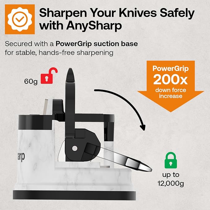 AnySharp – Editions – Hands Free Knife Sharpener - Easy to Use Sharpening Tool w/PowerGrip Suction Base and 20-Degree Pre-Set Angle - for All Knives: Chef's, Serrated, Hardened Steel - White Marble
