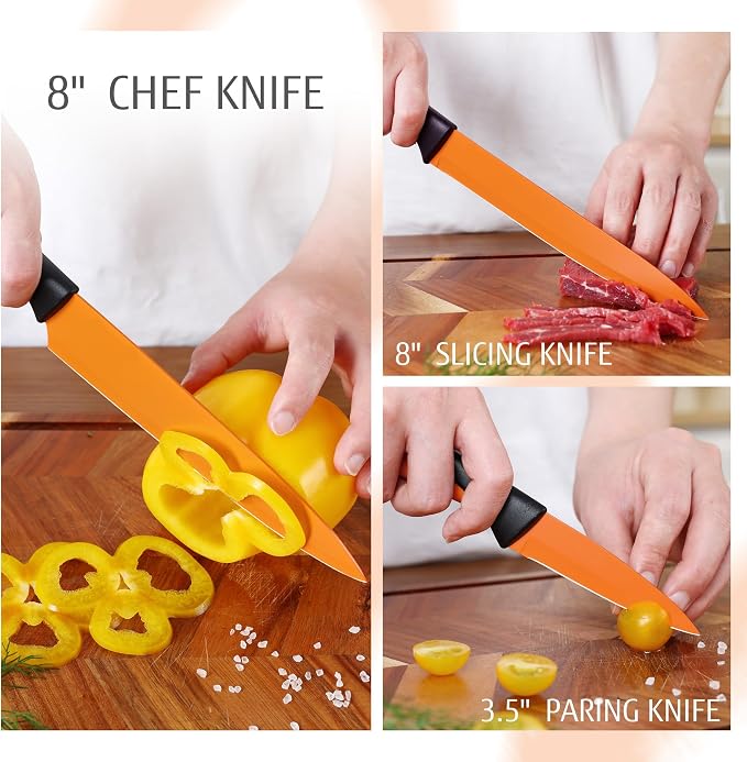 hecef 14 Pieces Kitchen Knife Set with Built-in Sharpening Wooden Block, Dishwasher Safe, High Carbon Stainless Steel Knife Block Set with Steak Knives, Kitchen Scissors (Orange)