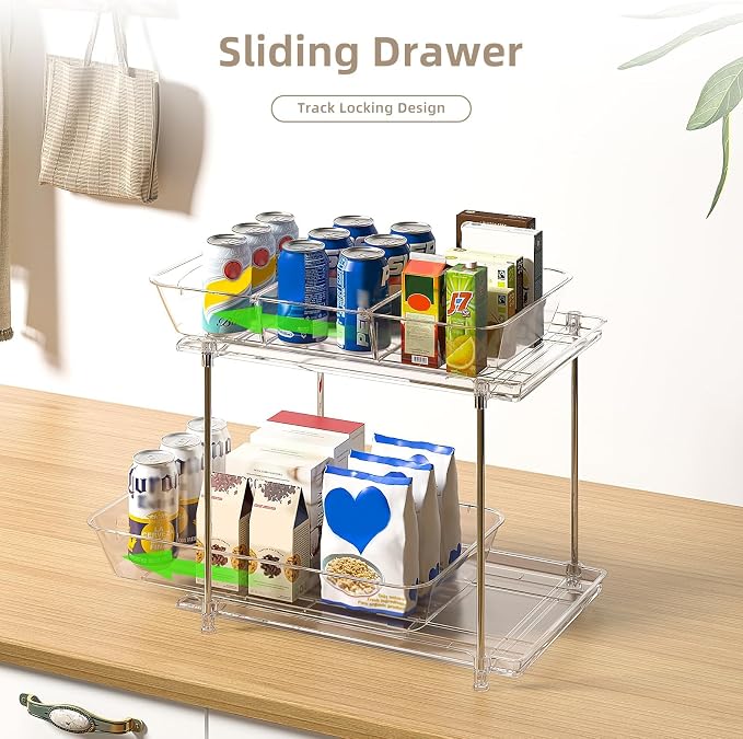 2-Pack 2-Tier Under Sink Organizer with Pull Out Drawers | Multi-use kitchen & bathroom storage. Includes hanging hooks and cups. transparent, space-saving cabinet design. 12.8 Inch