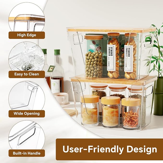 2 Large and 2 Small Pantry Organizers and Storage with Bamboo Lids, Stackable Clear Bins for Onion, Potato, Fruit, Vegetables, Trash Bag Dispenser, Kitchen and Under Sink Organizer